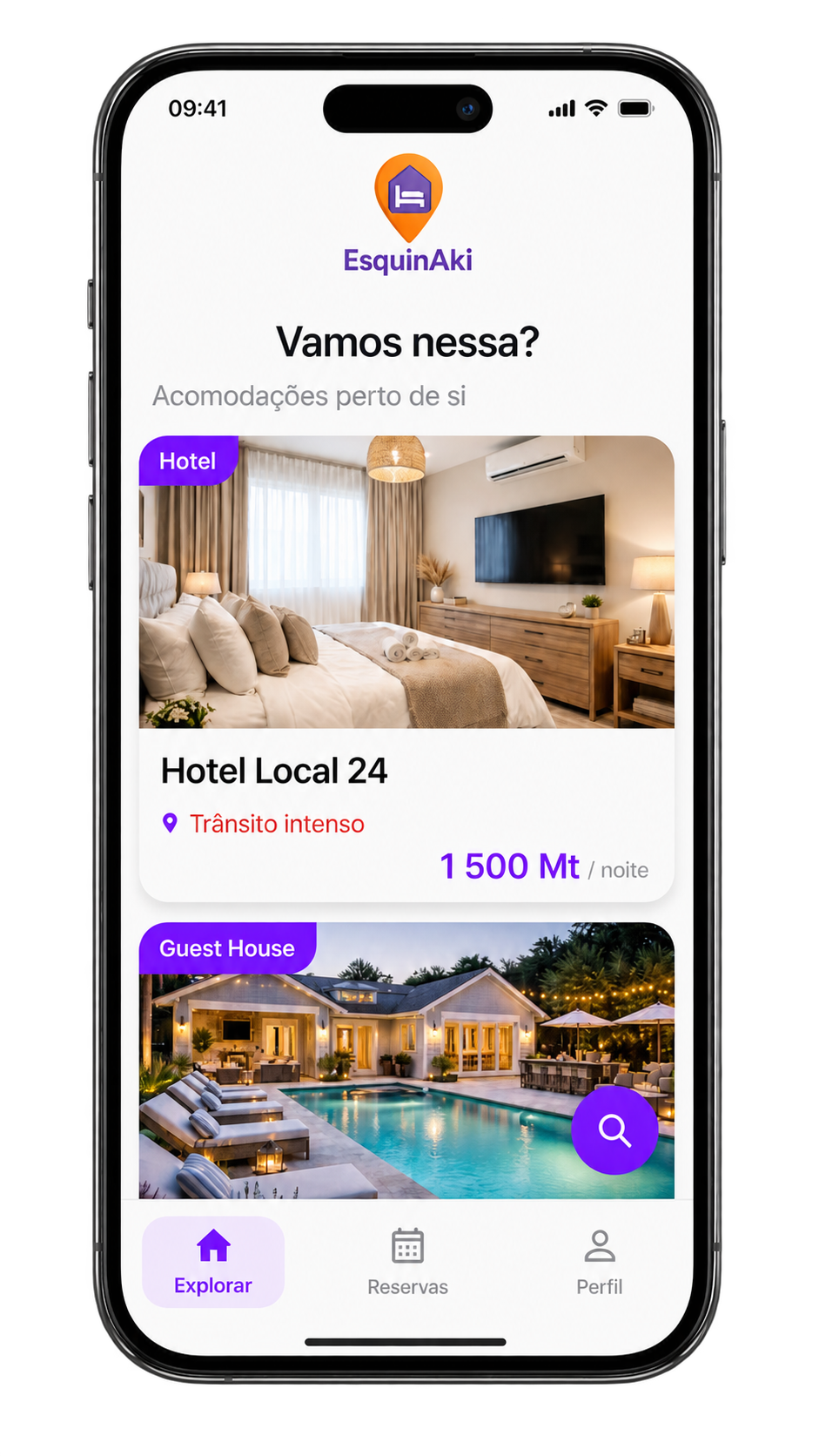 Smartphone com o ecrã Explorar do aplicativo EsquinAki
